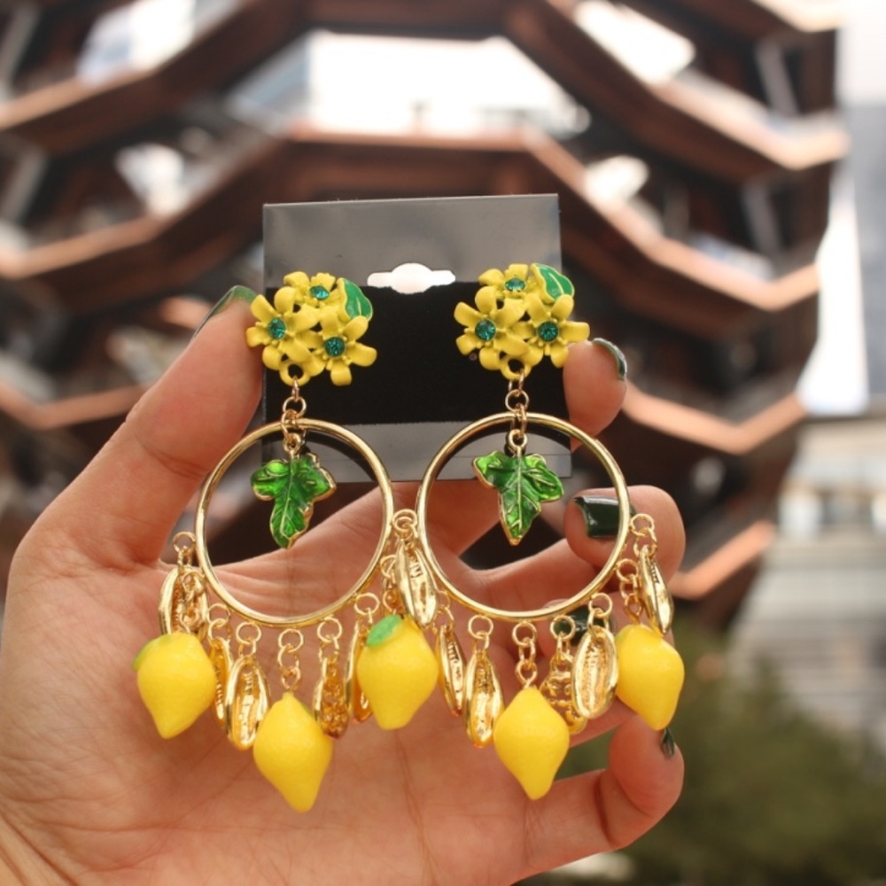 New Positano Lemon fruits dangle Chandelier hoops - Picture 6 of 7